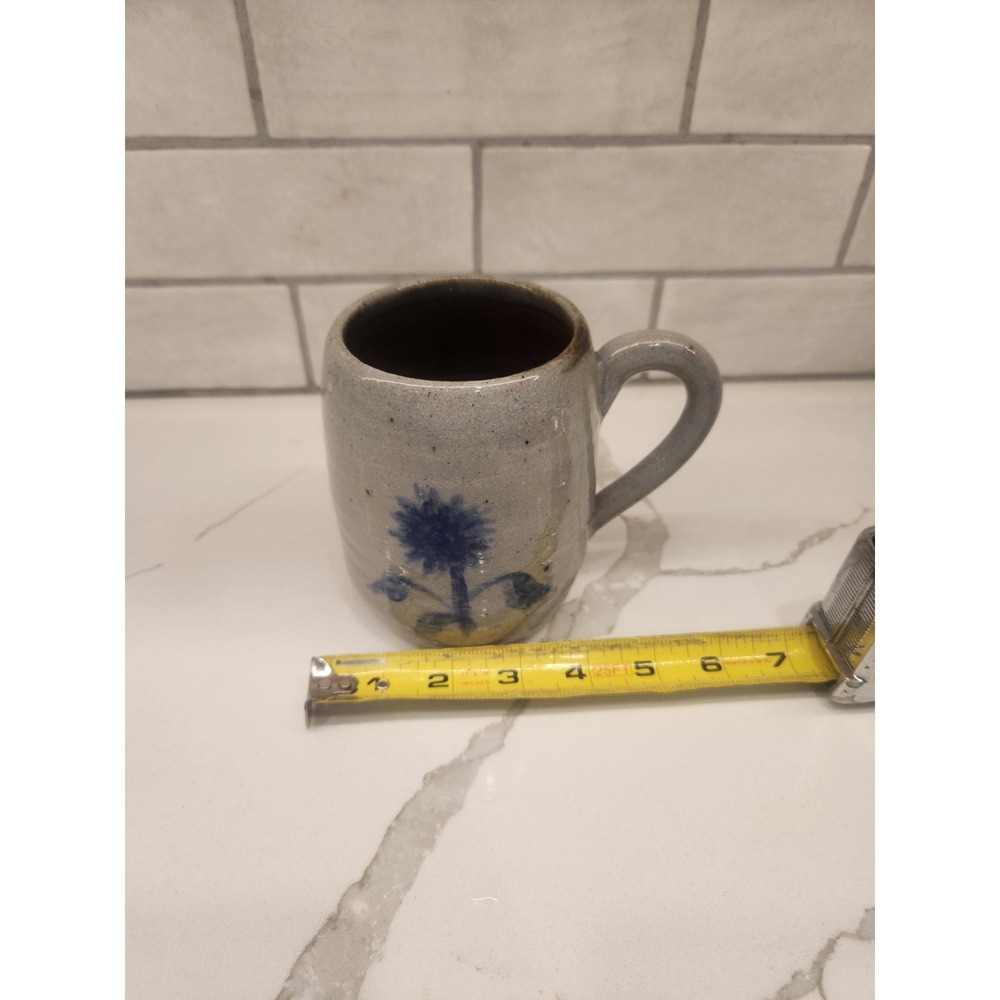 Vintage Studio Art Pottery Salt Glazed Coffee Tea Mug With Blue Flower Signed - Picture 8 of 10